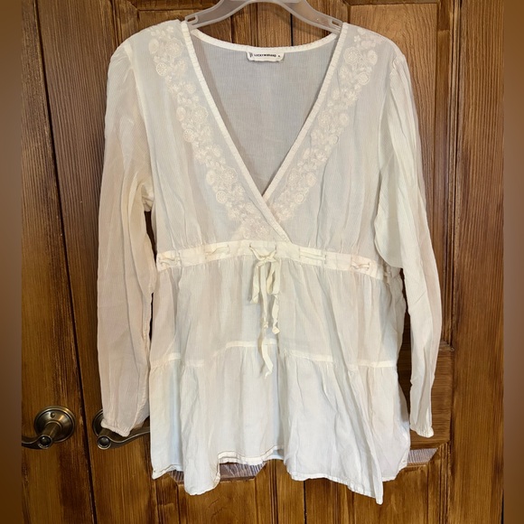 Lucky Brand Tops - Lucky Brand Cream Embroidered soft
 Striped Blouse Size XL